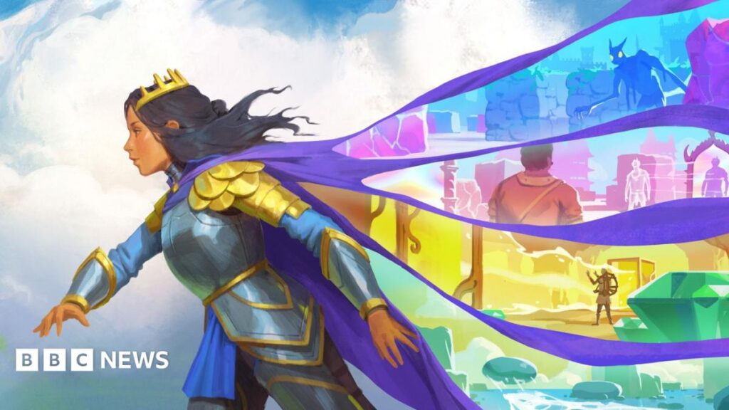 The keyart from Order of the Sinking Star, showing a woman with dark hair standing and looking to the left, wearing a yellow crown and wearing grey and gold armour. Her purple cape flies out behind her showing four strands of the puzzles games in the game, in blue, pink, yellow and green, including a man standing in front of a mirror, a monster, and skipping stones.
